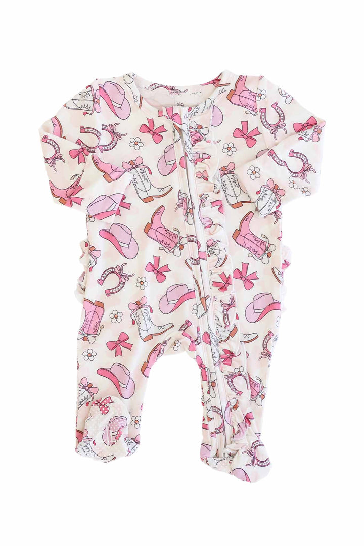 pink rodeo dreams ruffle zipper footie pajama for girls 