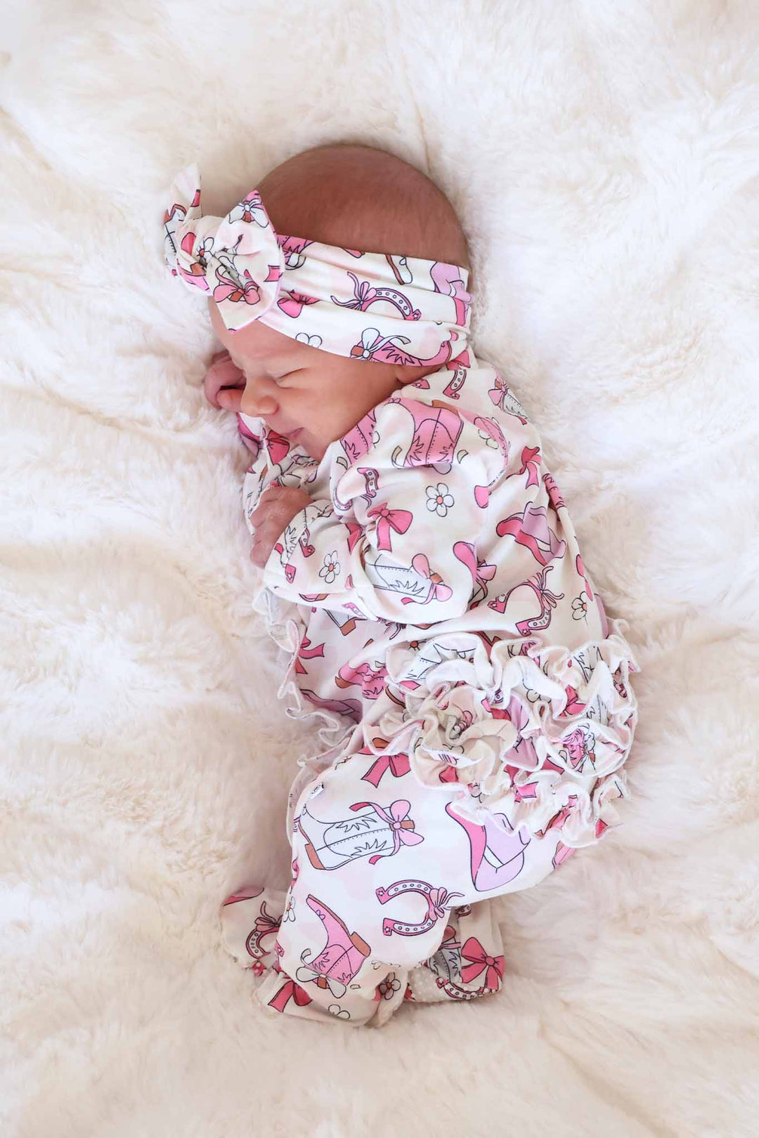 cowgirl boot, hat, horseshoe and bow ruffle zipper footie for baby girls 