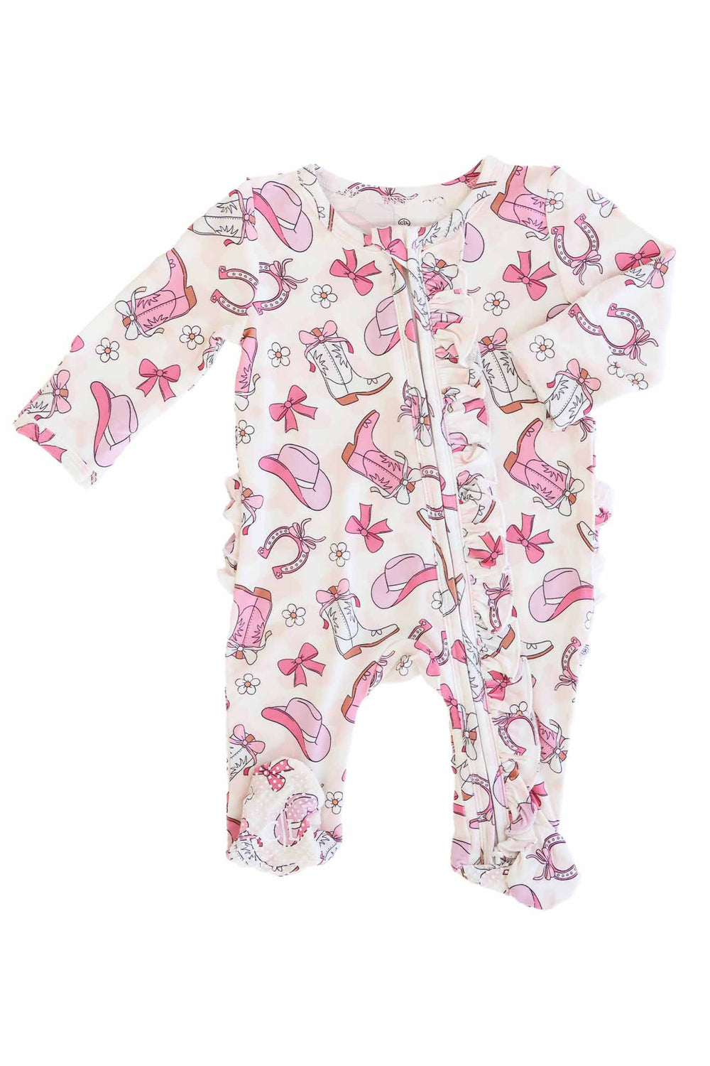 long sleeve pink rodeo dreams ruffle zipper footie for baby girls 
