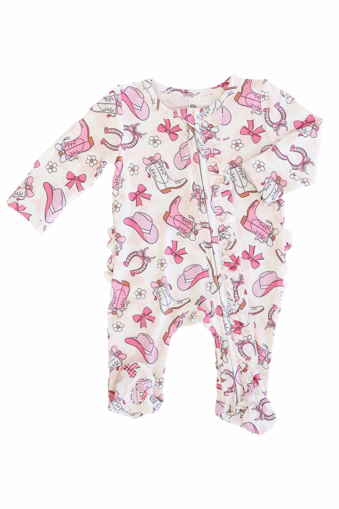 long sleeve pink rodeo dreams ruffle zipper footie for baby girls 