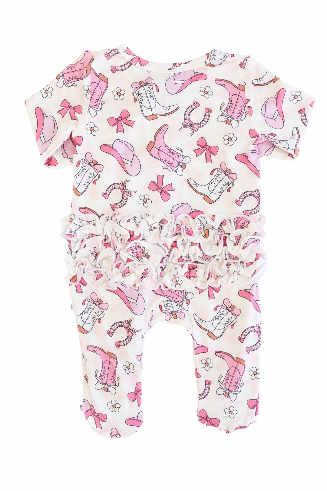 long sleeve footie for baby girls in pink rodeo dreams print with ruffles along the bottom 