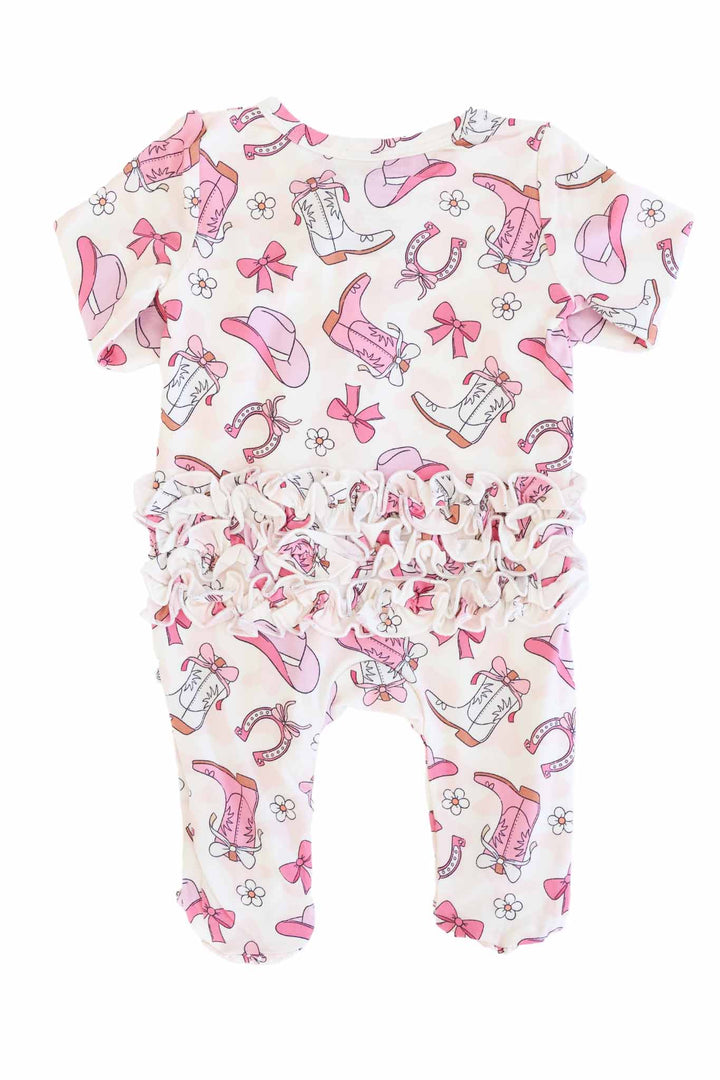 long sleeve footie for baby girls in pink rodeo dreams print with ruffles along the bottom 
