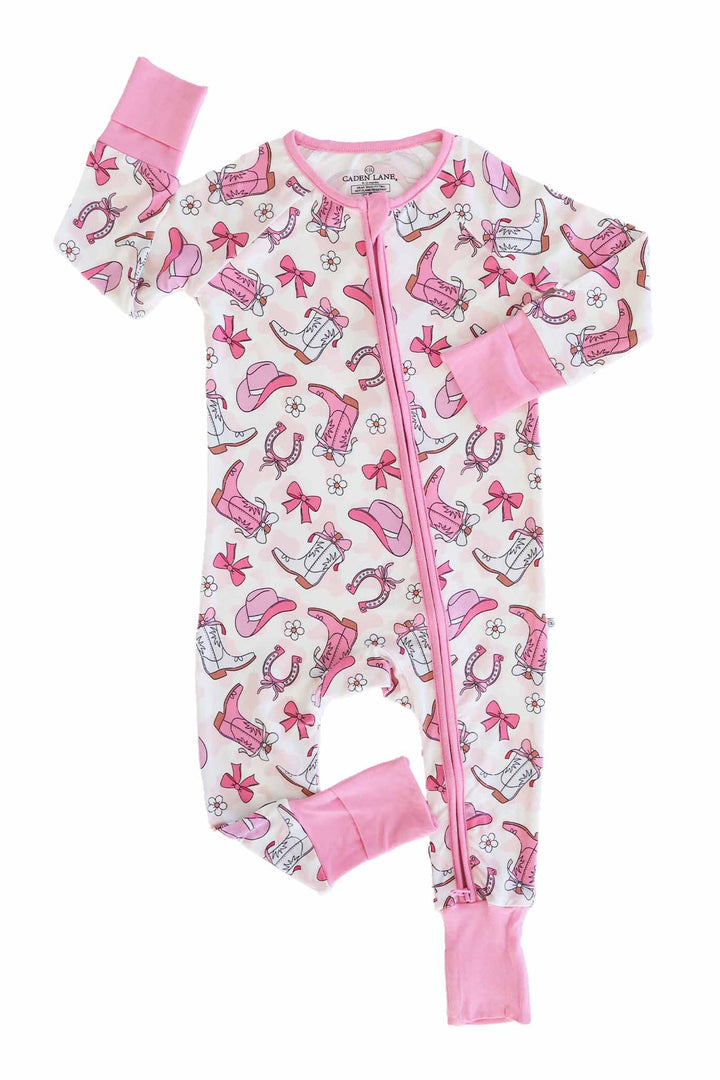 girly western themed convertible zip romper with pink trim 