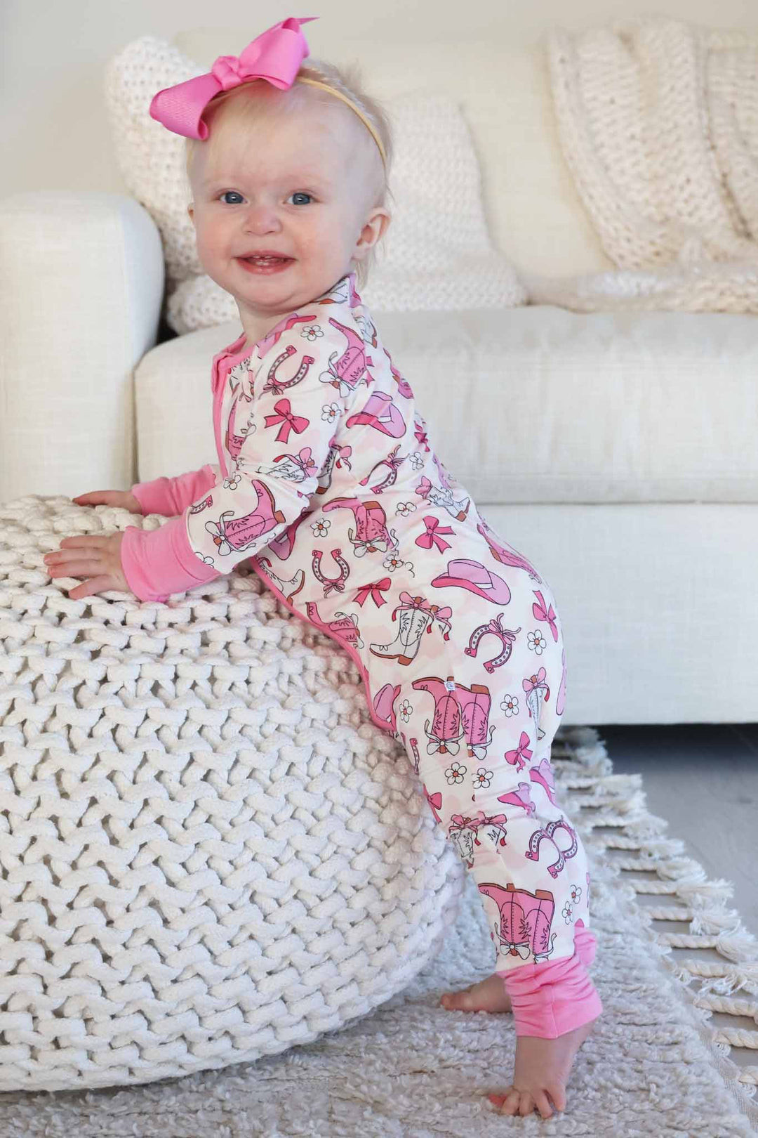 pink rodeo dreams zip pajama romper for girls with flip mitts and footies 