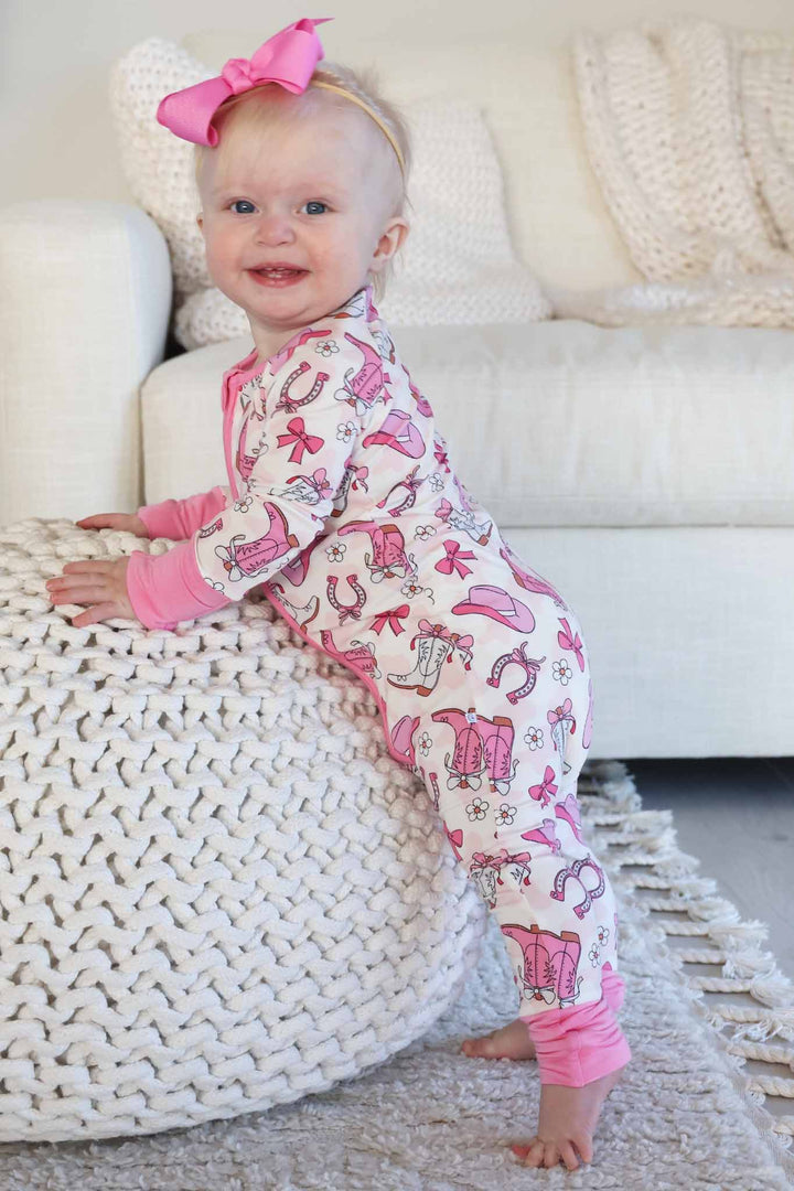 pink rodeo dreams zip pajama romper for girls with flip mitts and footies 