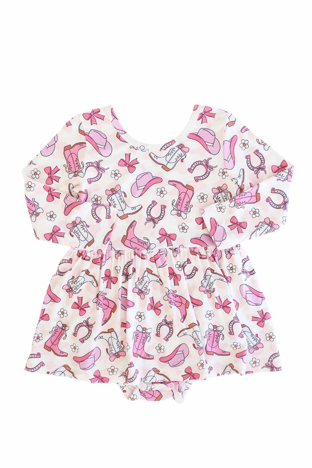 long sleeve skirt bodysuit with cowgirl boots, hats, horseshoes, bows and daisies 