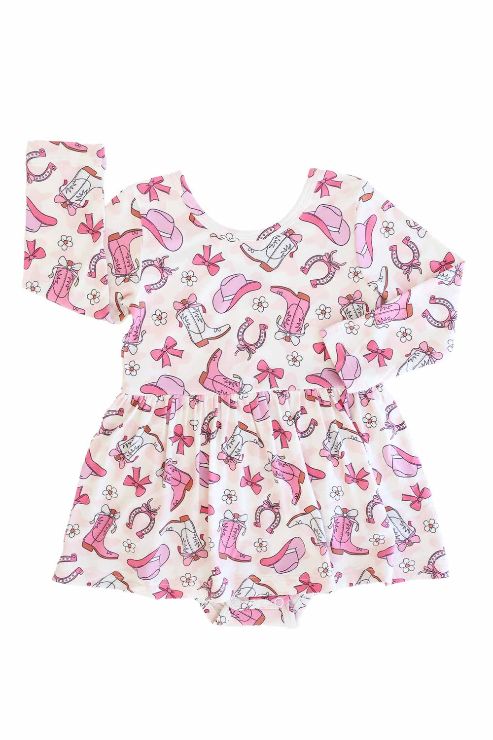 long sleeve bamboo bodysuit dress for baby and toddler girl in the pink rodeo dreams print 
