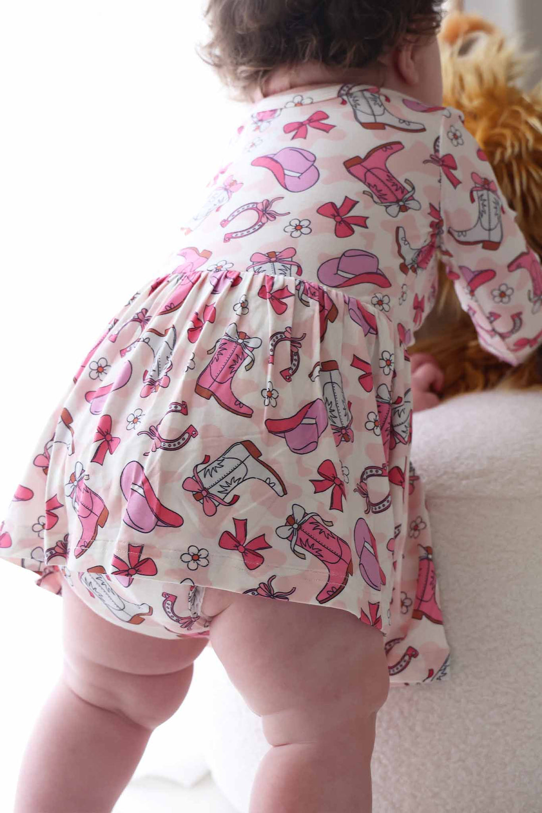 long sleeve skirt bodysuit for girls with cowgirl boots, hats, horseshoes and bows 