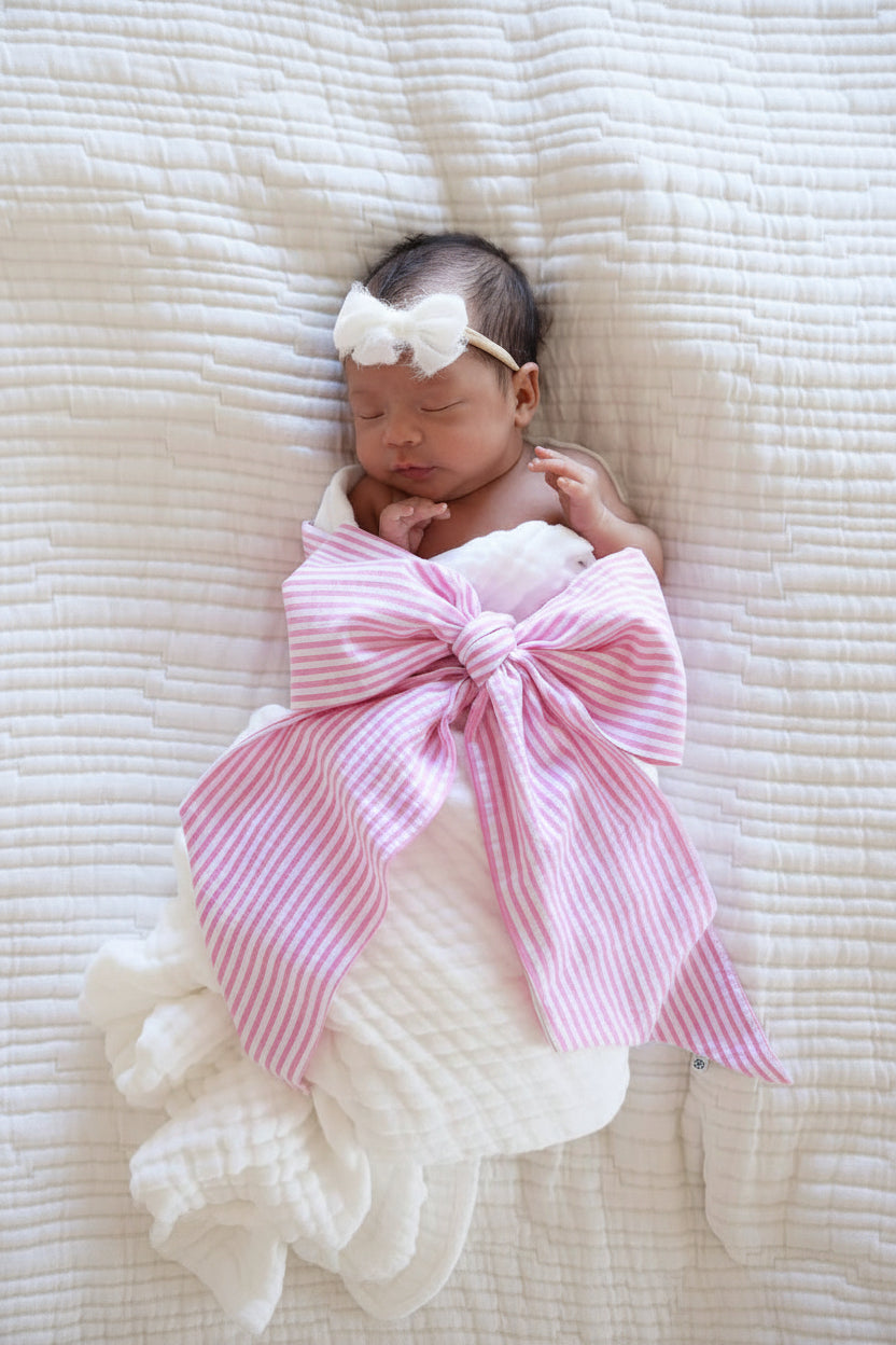 newborn girl in pink seersucker sash