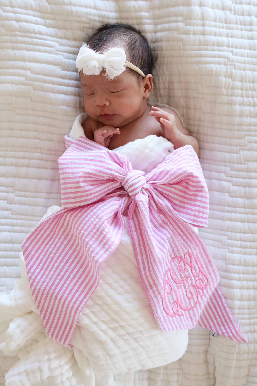 pink seersucker embroidered monogram sash for newborn girls 