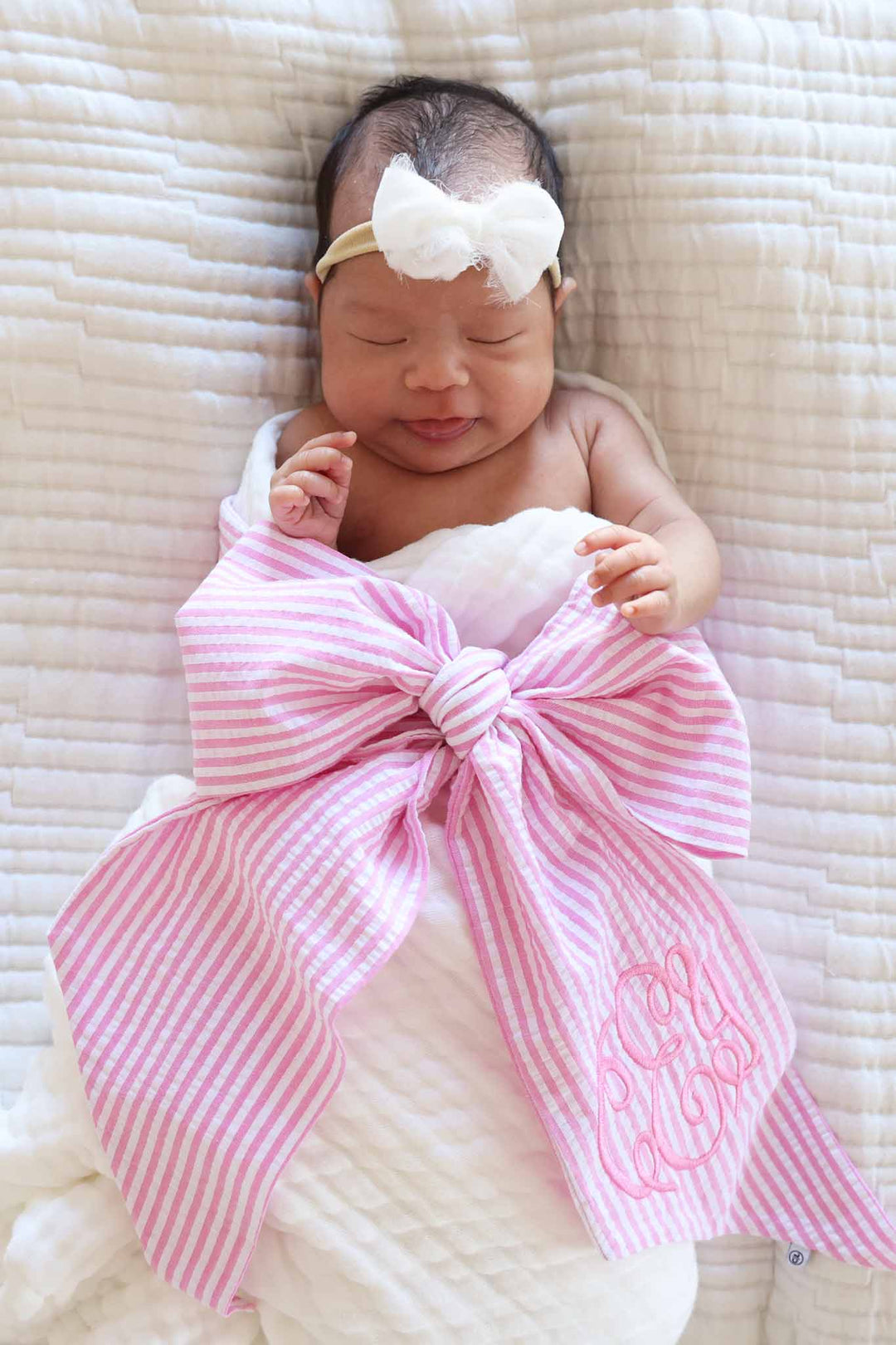 pink seersucker embroidered sash for girls 