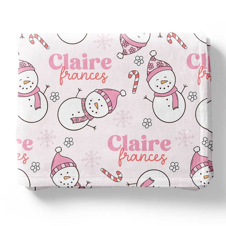 christmas blanket for girls pink with snowmen personalized with name