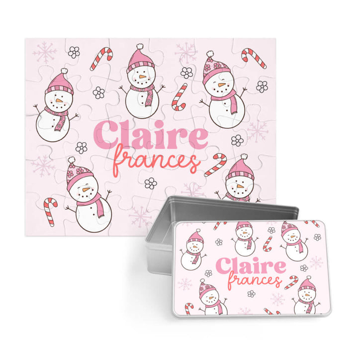 pink snowman personalized puzzle with matching tin 