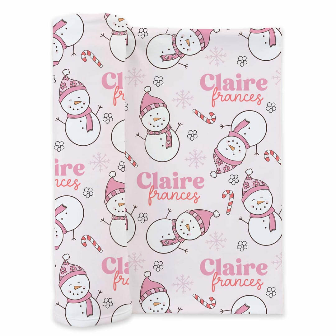 pink christmas personalized baby swaddle with snowmen and candy canes