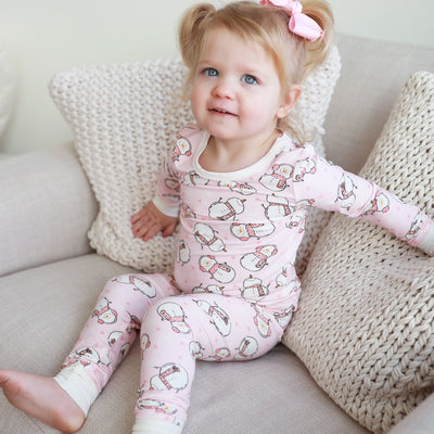 two piece bamboo pajamas for kids with snowmen pink 