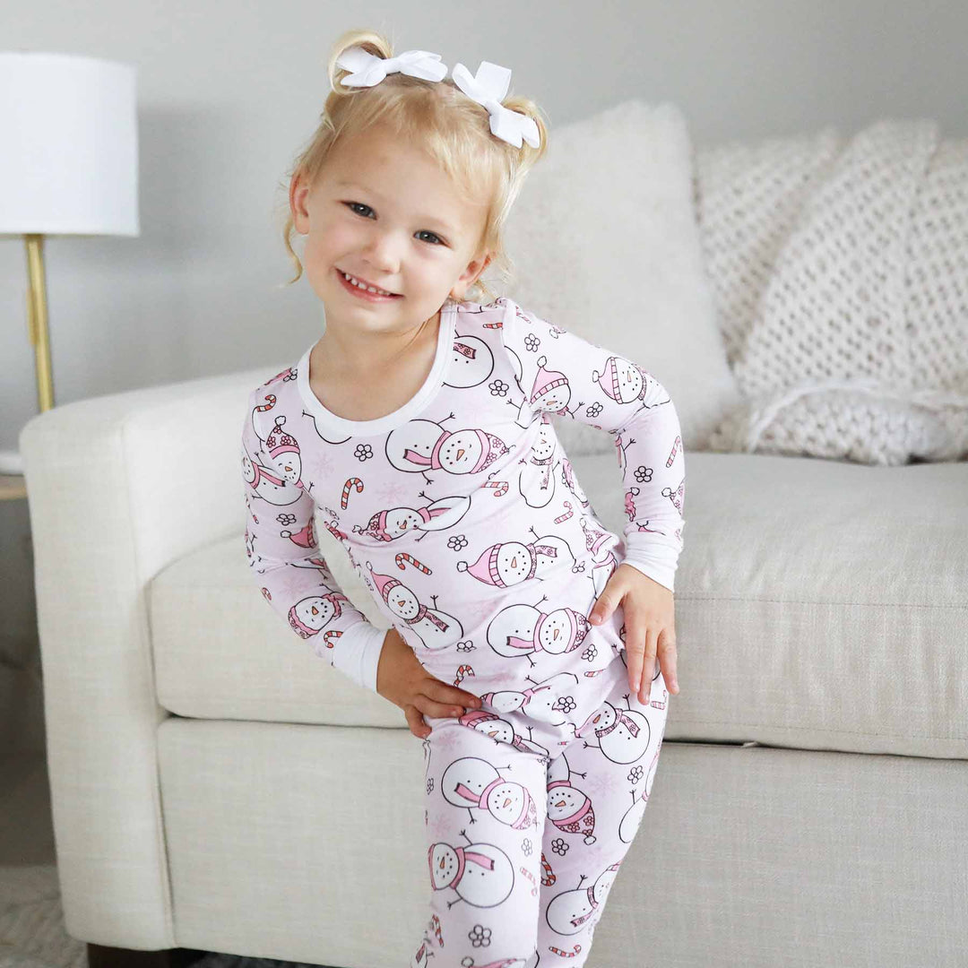 girls christmas pajamas with pink snowmen