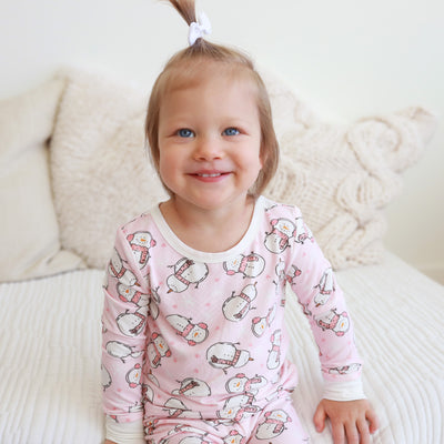 two piece pajamas for kids bamboo pink with snowmen 