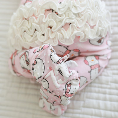 ruffled baby zipper footie pink with snowmen 