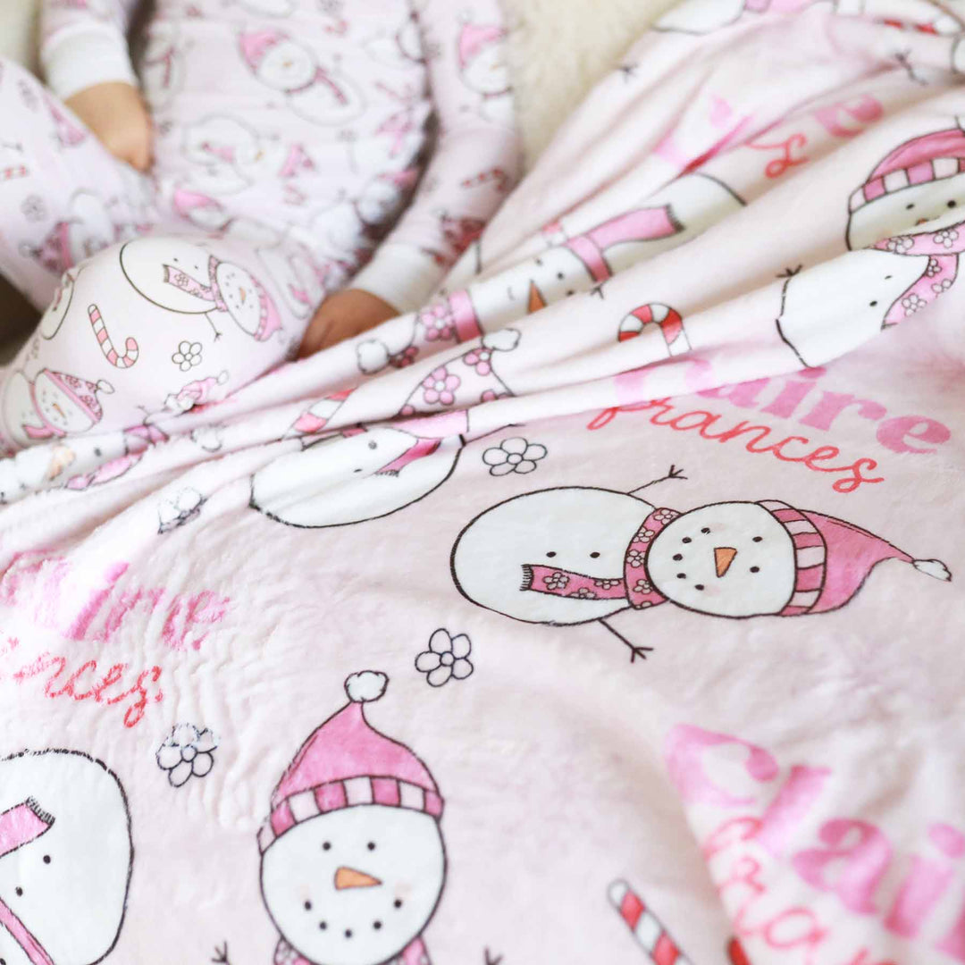 pink snowman personalized kids blanket christmas