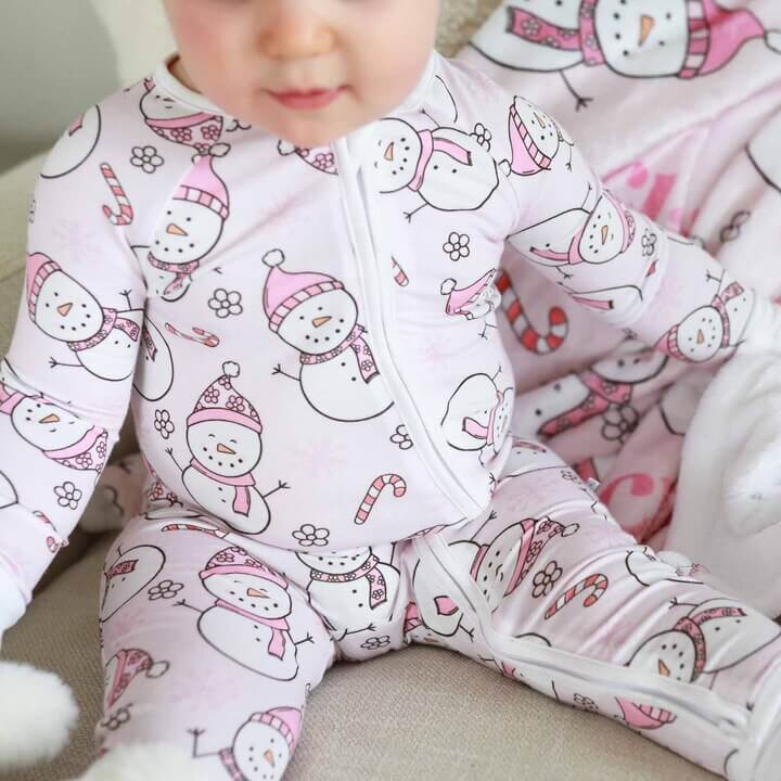 pink snowman convertible zip romper for babies