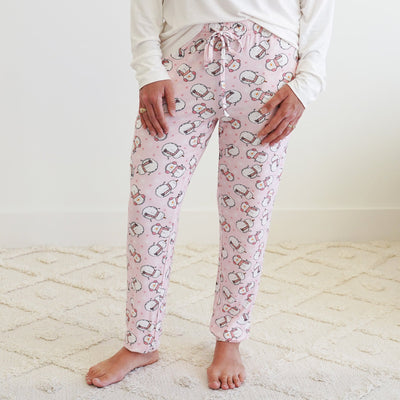 pink women's jogger pajama pants with snowmen 