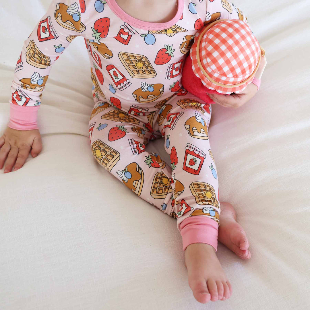 bamboo viscose two piece pajama set for girls pink breakfast themed 