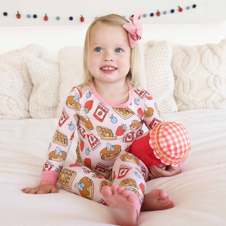 pink breakfast themed two piece pajama set for girls 