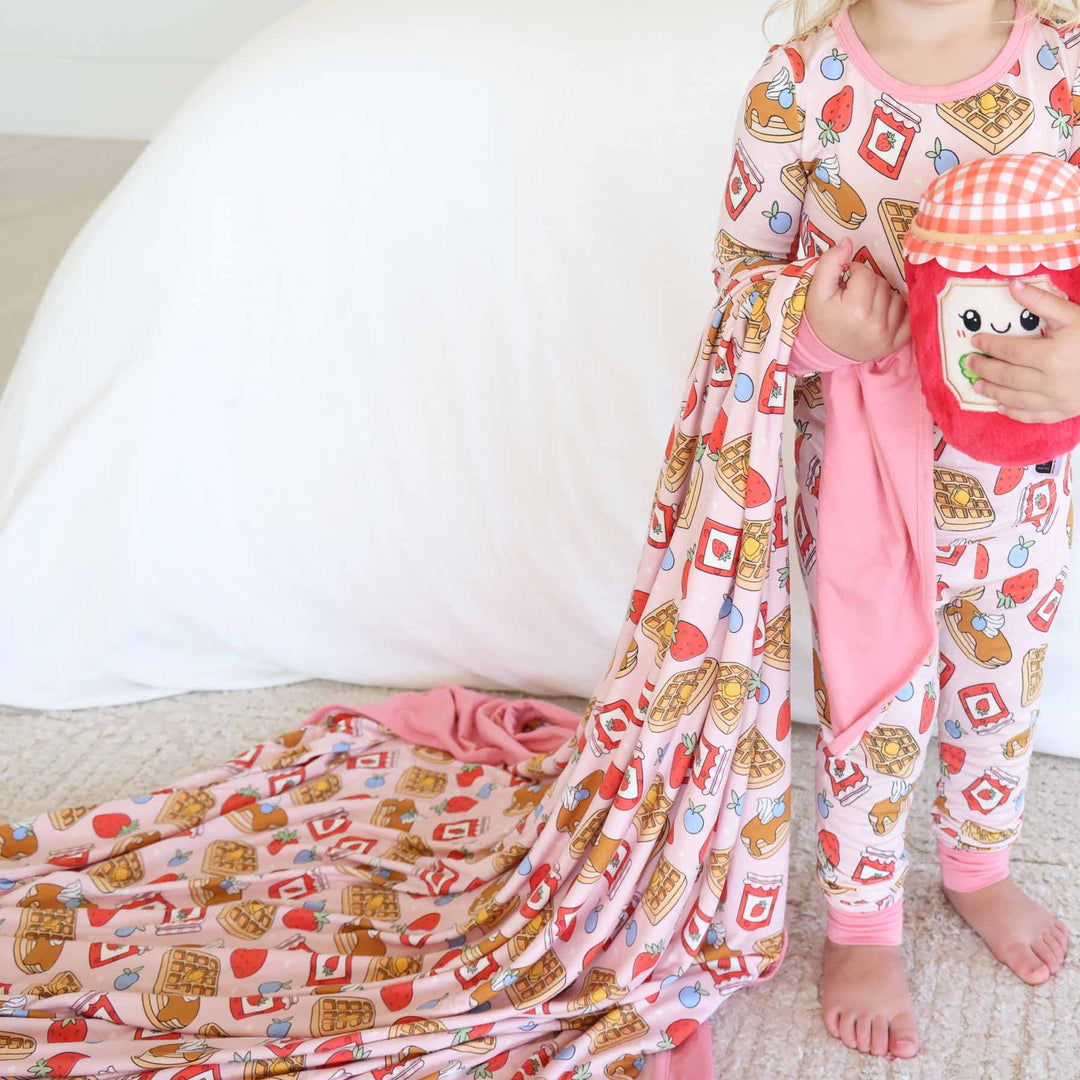 girls bamboo blanket with pancakes, waffles, fruit and jelly