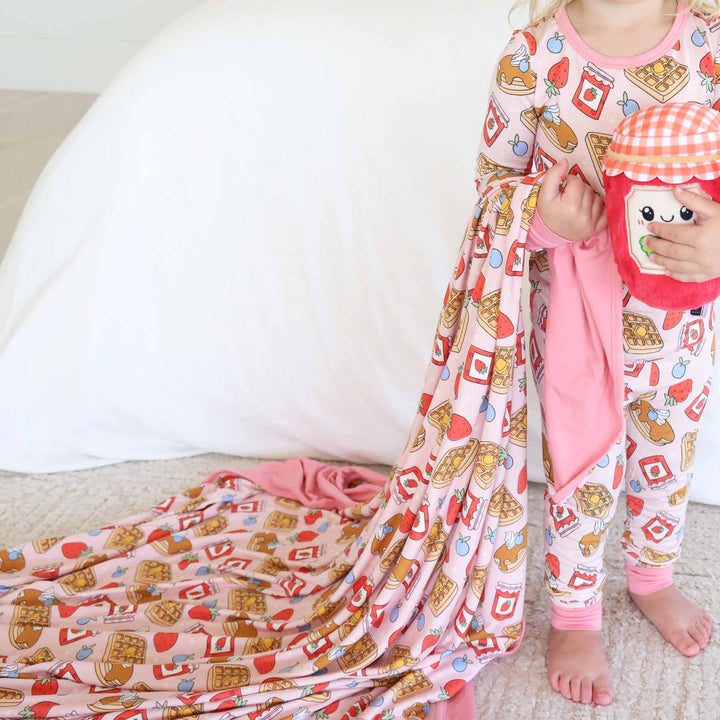 girls bamboo blanket with pancakes, waffles, fruit and jelly