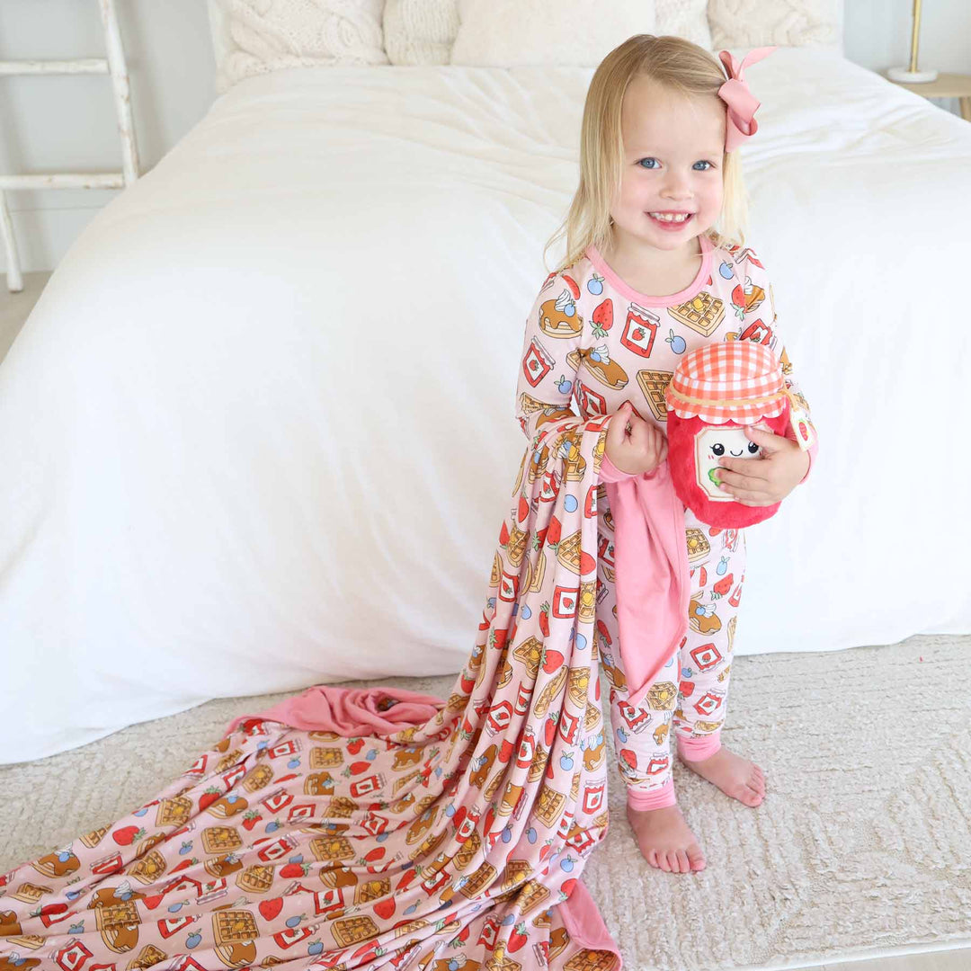 pink breakfast themed double sided bamboo blanket for kids 