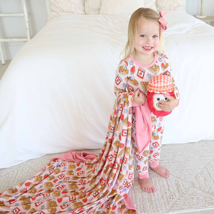 pink breakfast themed double sided bamboo blanket for kids 