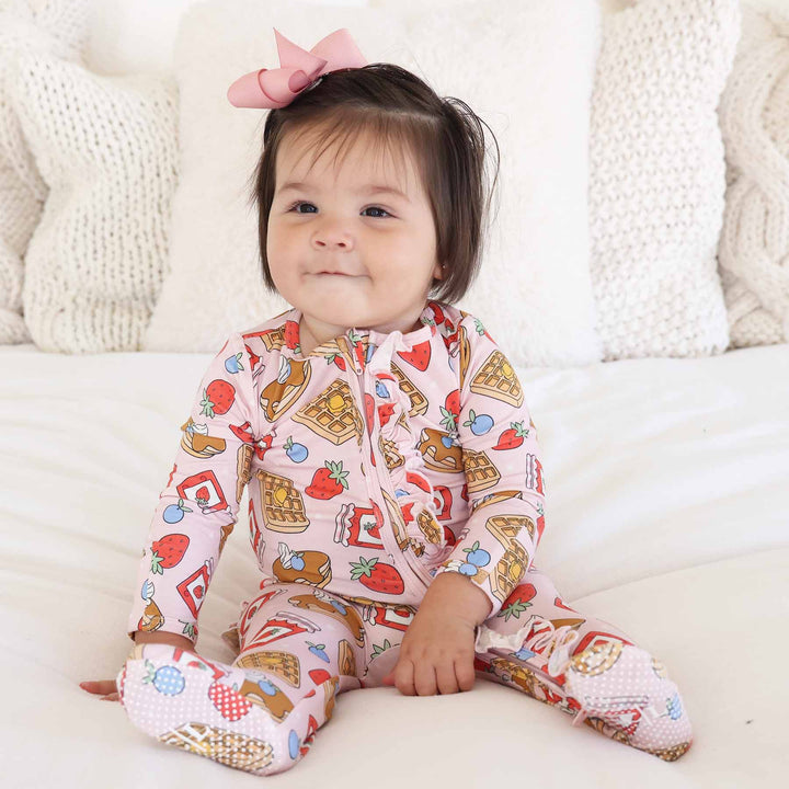 sweet stacks pink ruffle bottom zipper footie for baby girls 