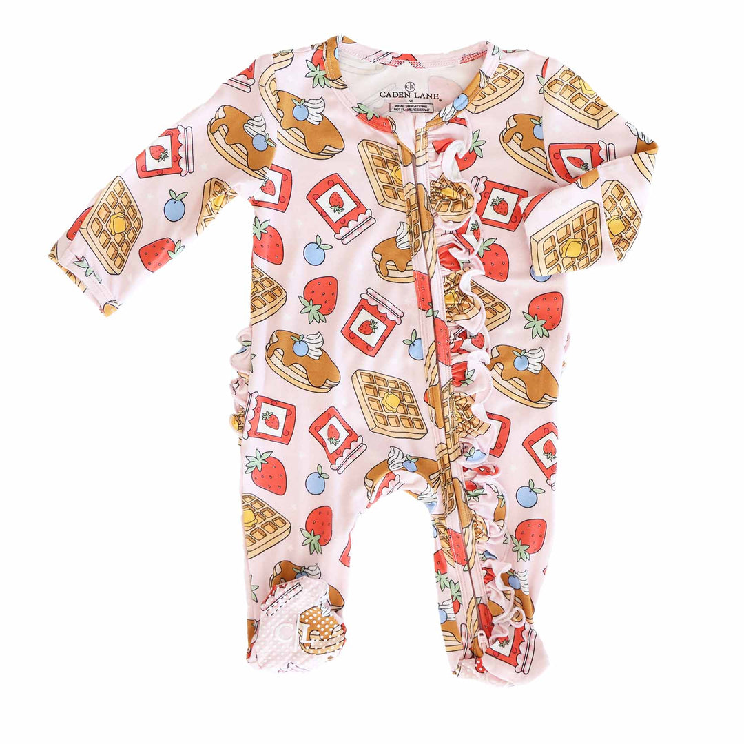 pink breakfast themed ruffle baby footie made of bamboo viscose 