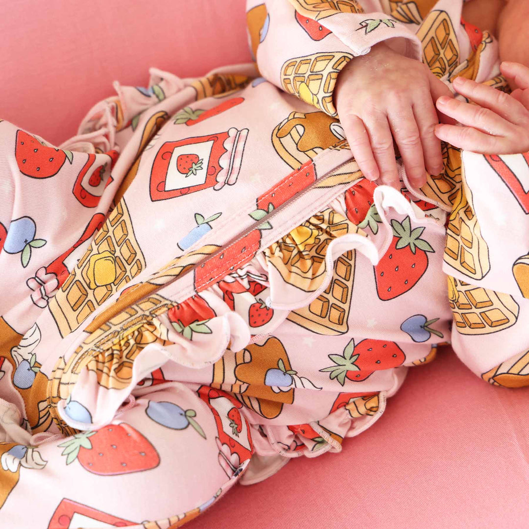 sweet stacks pink ruffle zipper footie for baby girls made of bamboo viscose 