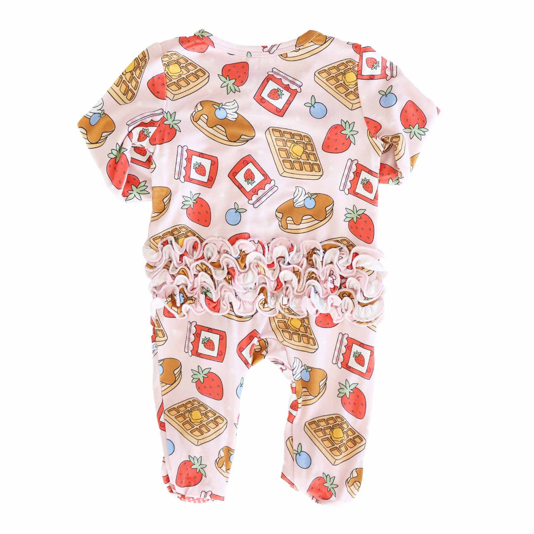 pancake, waffle, fruit and jelly ruffle bottom zipper footie for baby girls 