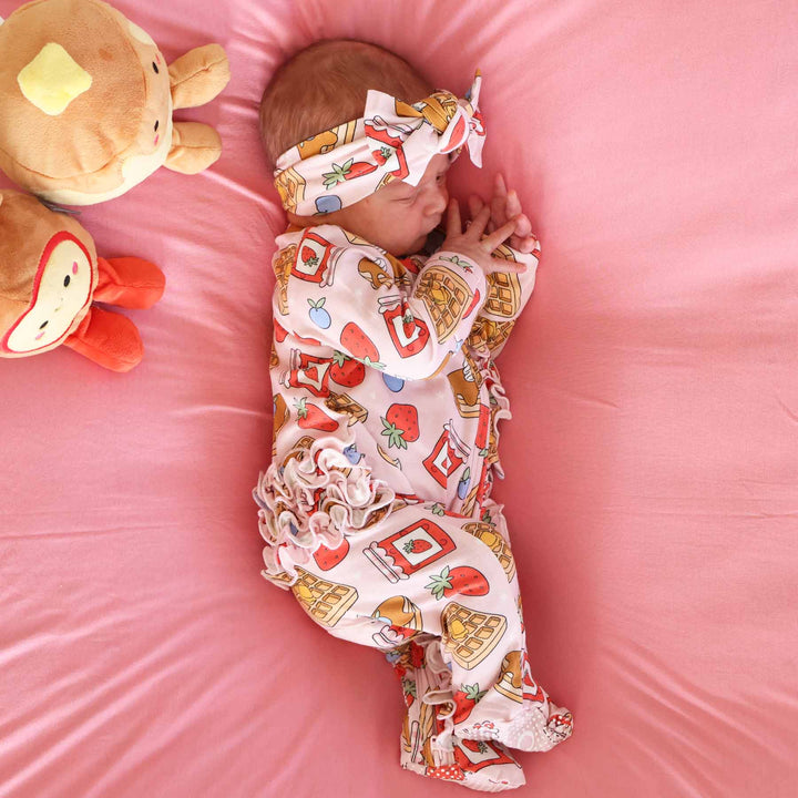 pink breakfast food bamboo viscose ruffle zipper footie 