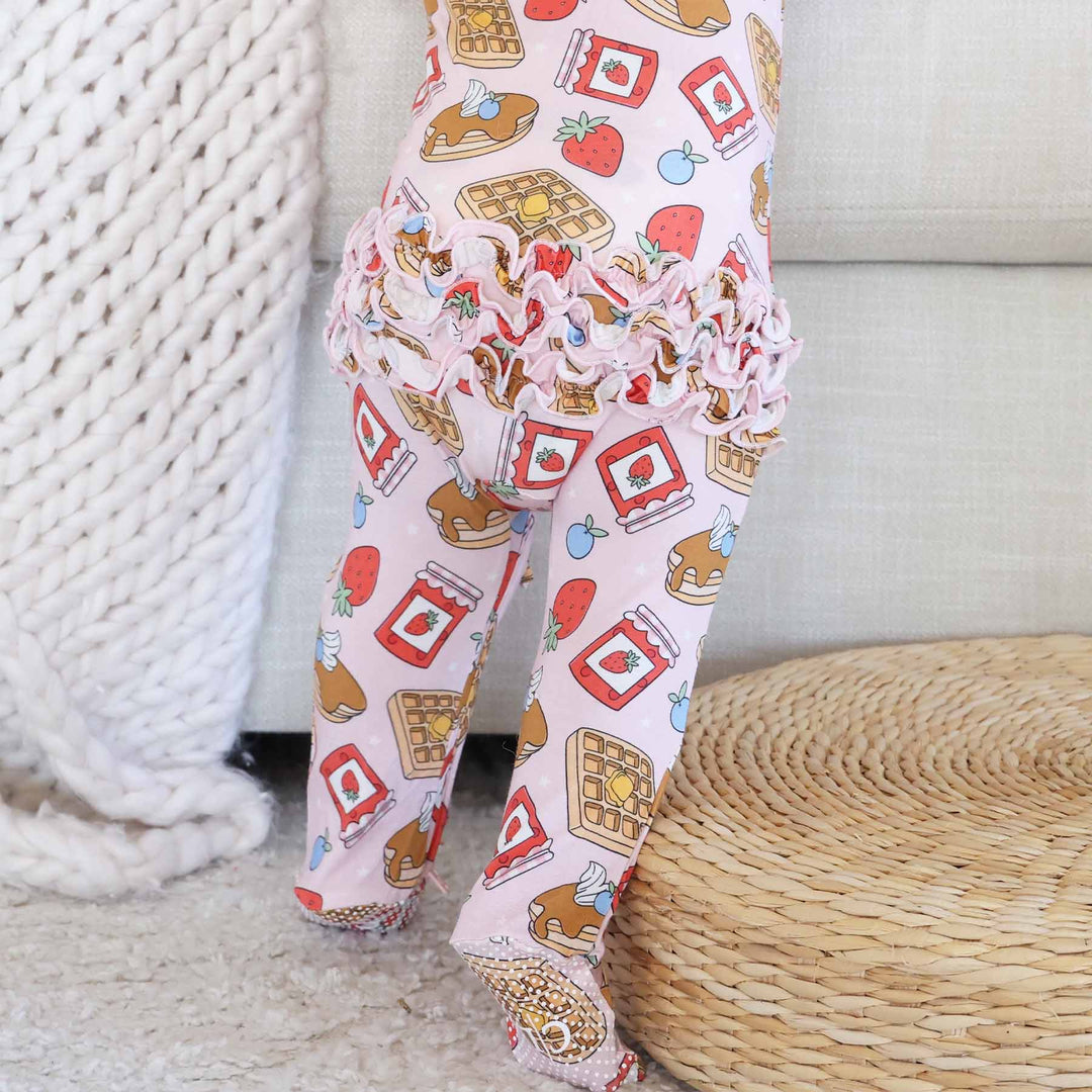 pancake, waffle, fruit and jelly ruffle bottom zipper footie for baby girls 