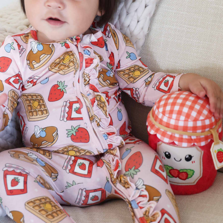 breakfast themed ruffle zipper footie for baby girls pink 
