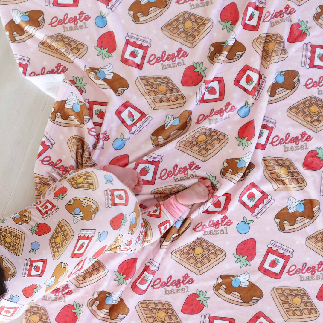 pink breakfast themed personalized blanket for girls 