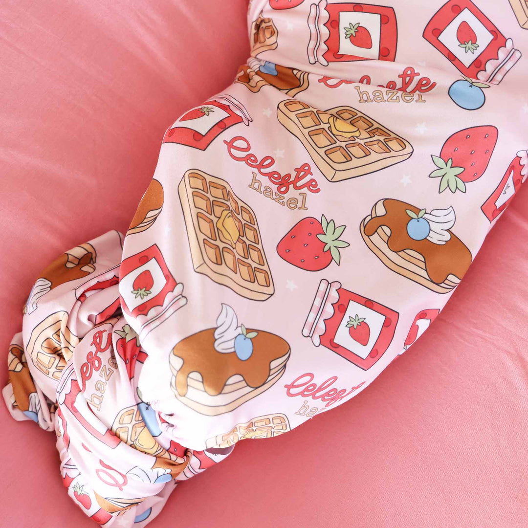 pancake, waffle, fruit and jam personalized swaddle blanket for girls pink
