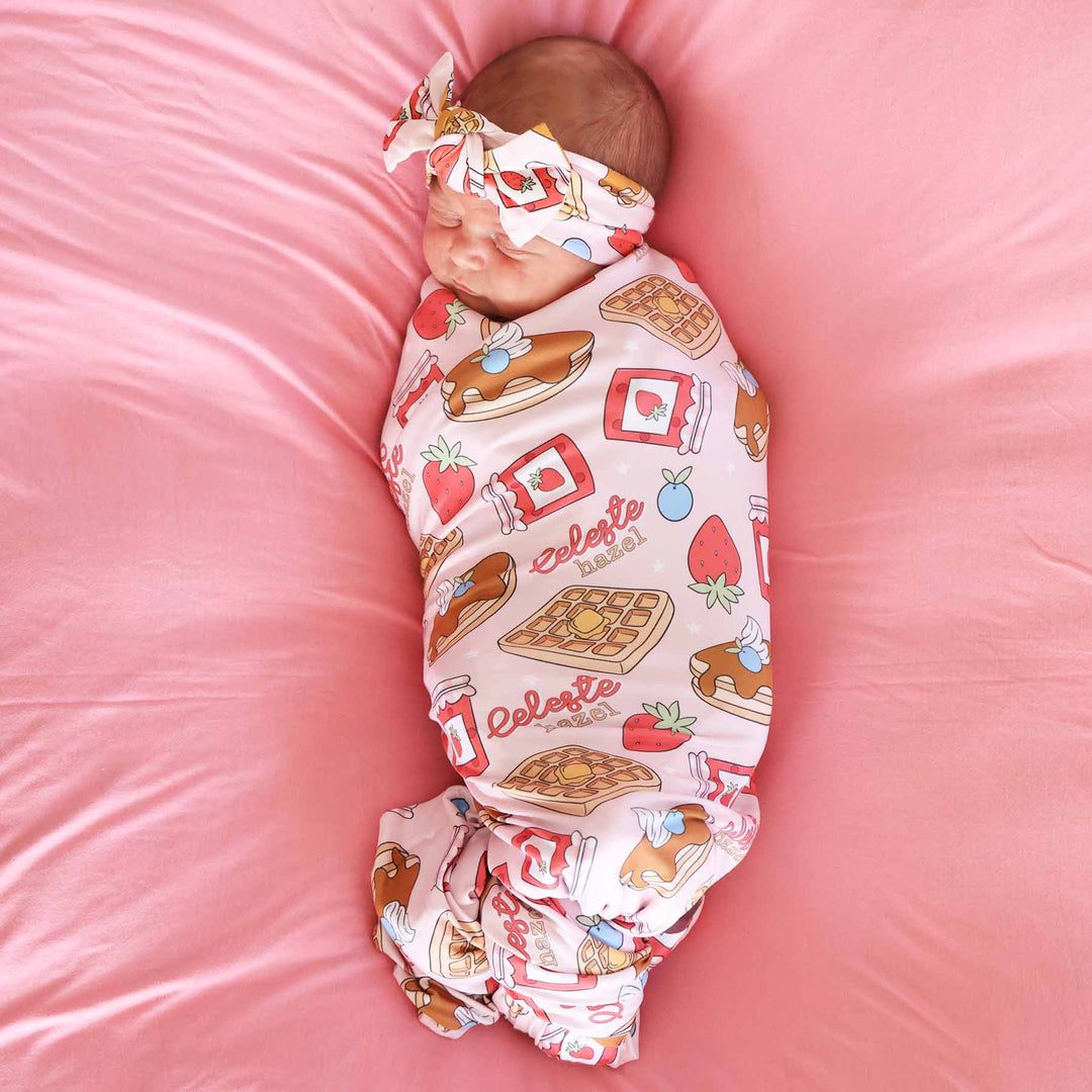 pink personalized swaddle blanket for girls with breakfast foods