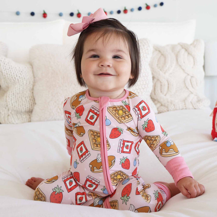 baby and toddler pajama romper for girls with waffles, pancakes, fruit and jam