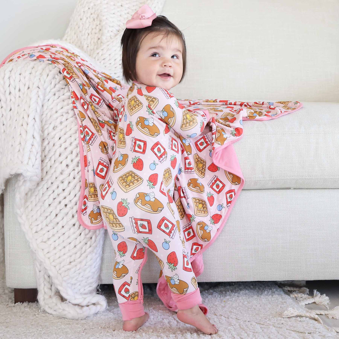 pink pancake, waffle, fruit and jam convertible zip romper for babies and toddlers 