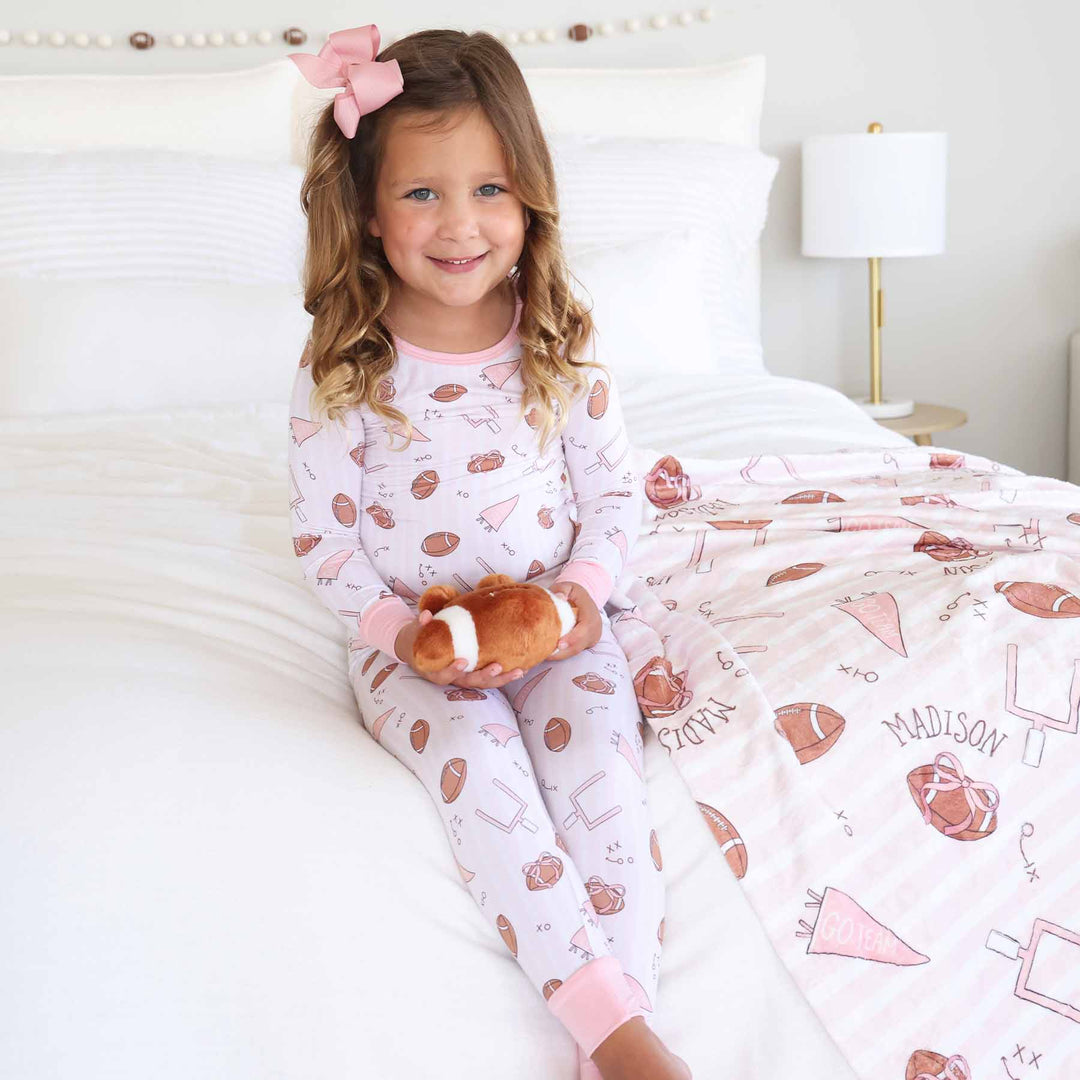 pink football, goal post and flag two piece bamboo pajama set for girls 