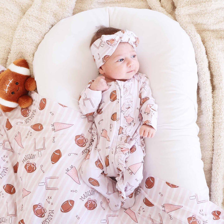 football, goal post, flag and play arrow pink ruffle zipper footie pajama for girls 