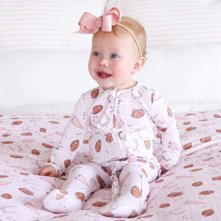 tiny touchdowns pink ruffle zipper footie pajama for newborn and baby girls 