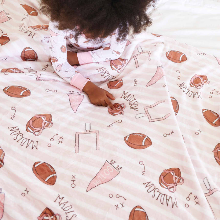 goal post, football and flag pink stripe personalized blanket for girls 