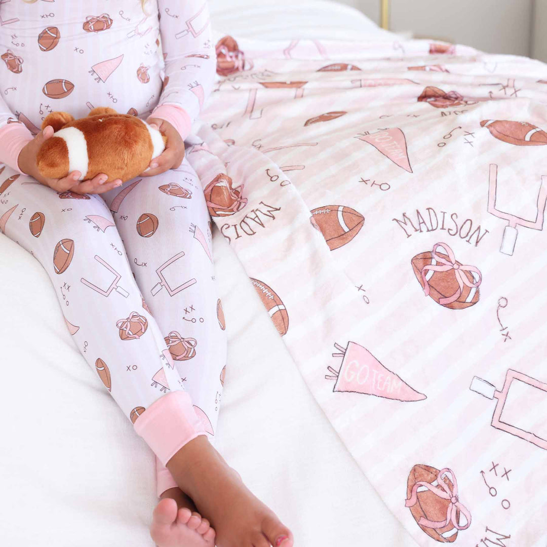 football with bow, flag and football pink stripes personalized blanket for girls 