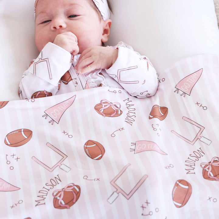 pink striped football, goal post, flat and play personalized swaddle blanket for newborn girls 