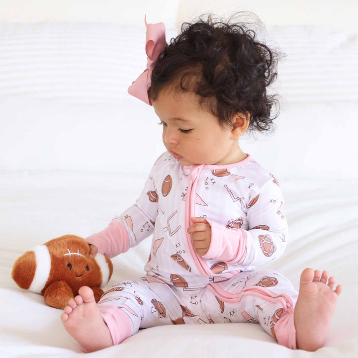 sibling matching pajamas pink football convertible zip romper pajama 